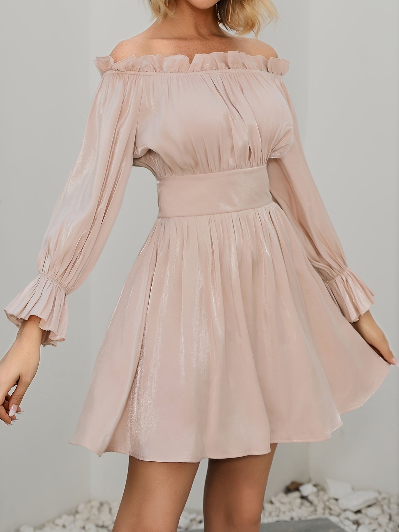 Off Shoulder Lantern Sleeve Bridesmaid Dress Ruffled Trim Pleated Mini Dress