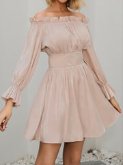 Off Shoulder Lantern Sleeve Bridesmaid Dress Ruffled Trim Pleated Mini Dress