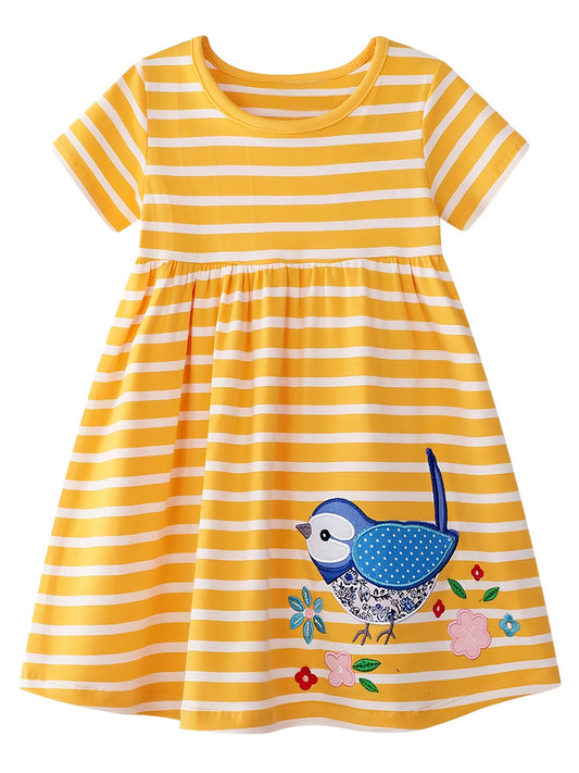Girls Bird & Floral Embroidered Round Neck Summer Dress