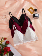 3pcs Lace Wireless Bras Comfy & Breathable Scallop Trim Bra Women's Lingerie