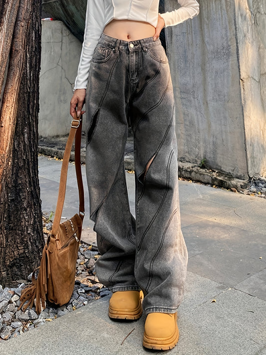 Cut Out Stitching Detail Wide Leg Jeans Dark Grey
