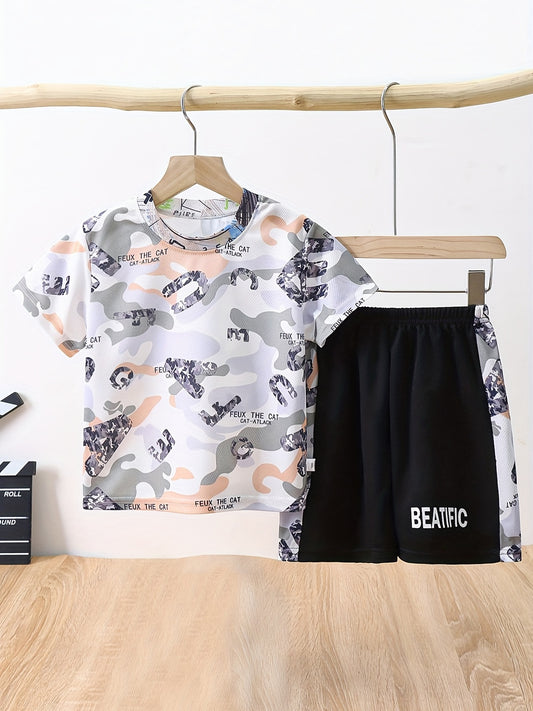 Boys Camo Outfit Round Neck T shirt & Shorts Summer Set