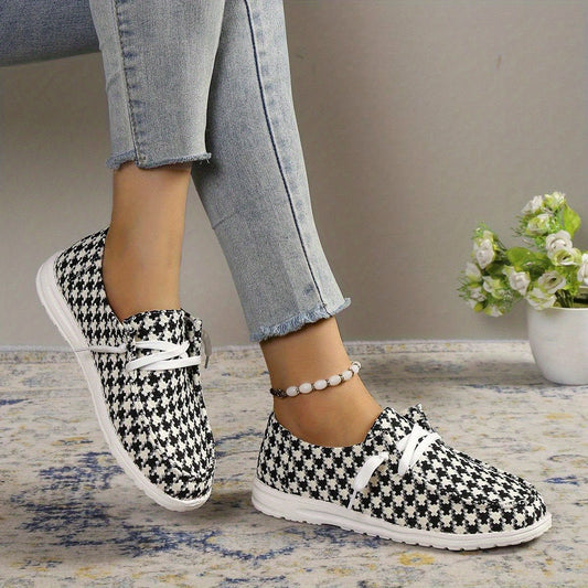 Women's Houndstooth Canvas Shoes Slip On Casual Flat Sneakers