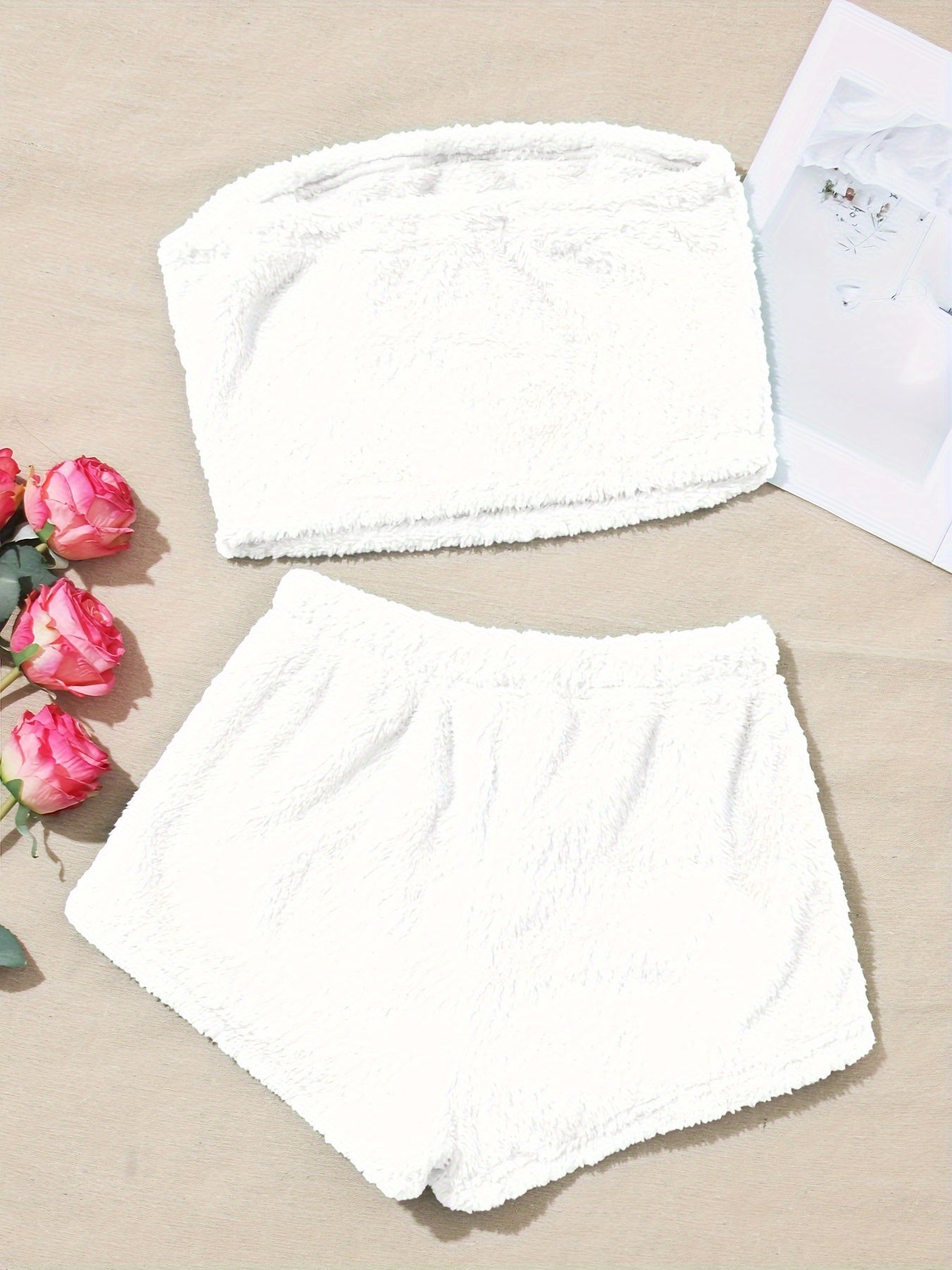 Fuzzy Pajama Set Strapless Crop Top & Shorts Women's Sleepwear