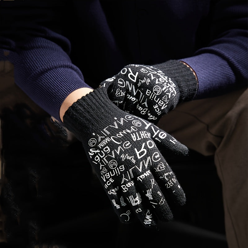 Winter Letter Printed Warm Knitted Gloves Touch Screen Thick Gloves
