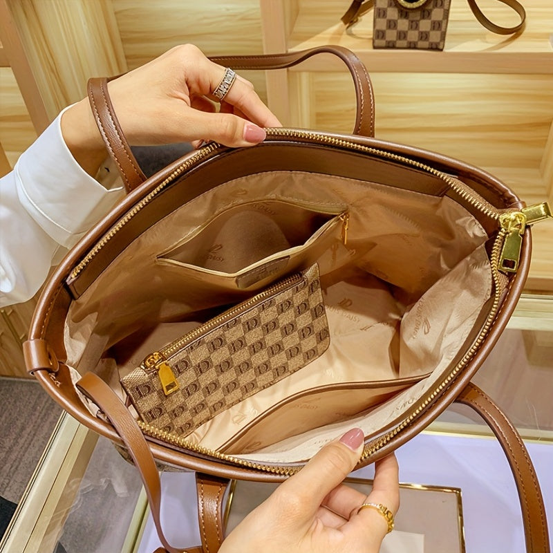 Plaid Print Zipper Tote Bag Large Capacity Versatile Hanbag Zipper Casual Bag