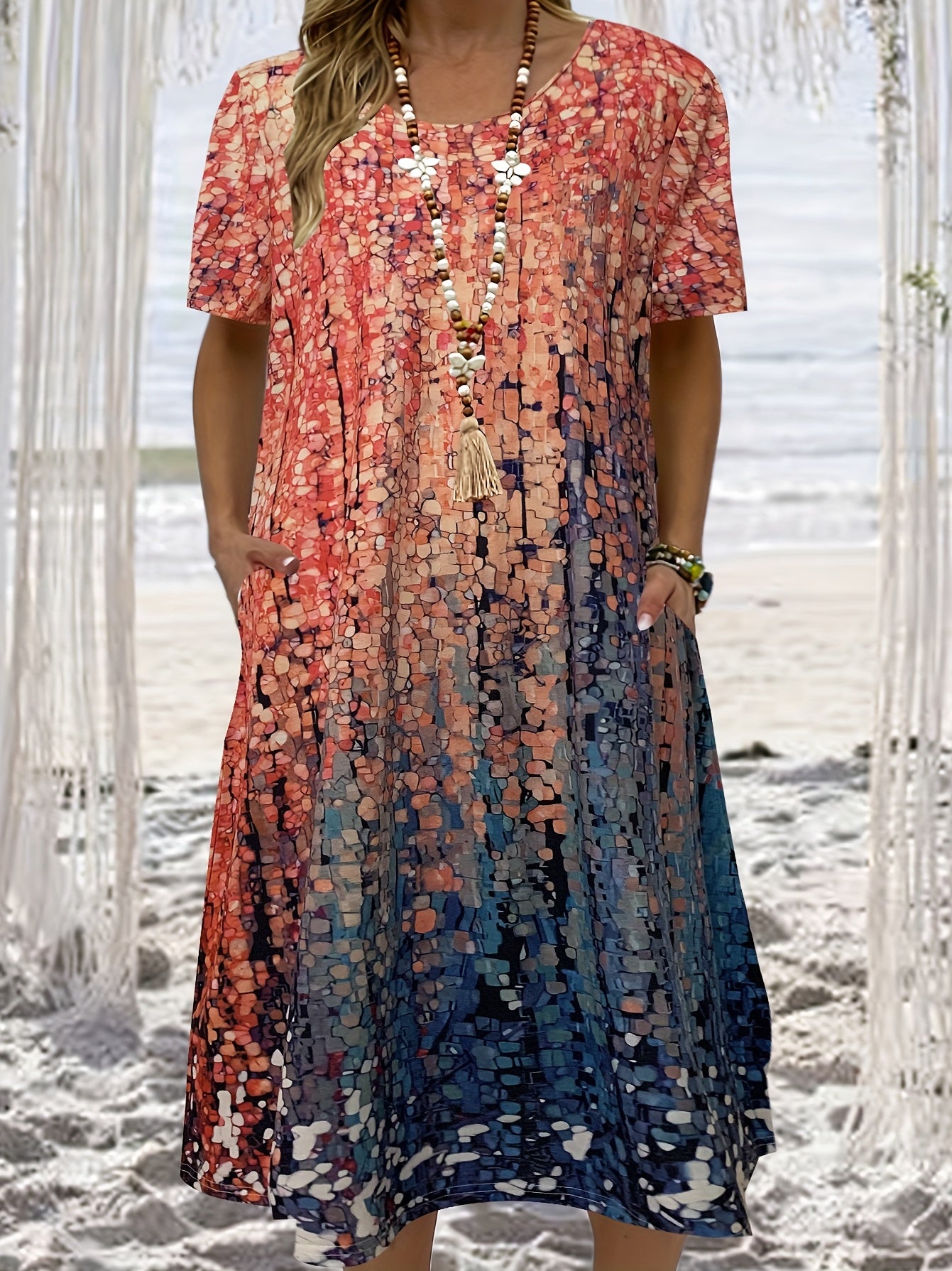 Allover Print Short Sleeve Round Neck Dress with Pockets