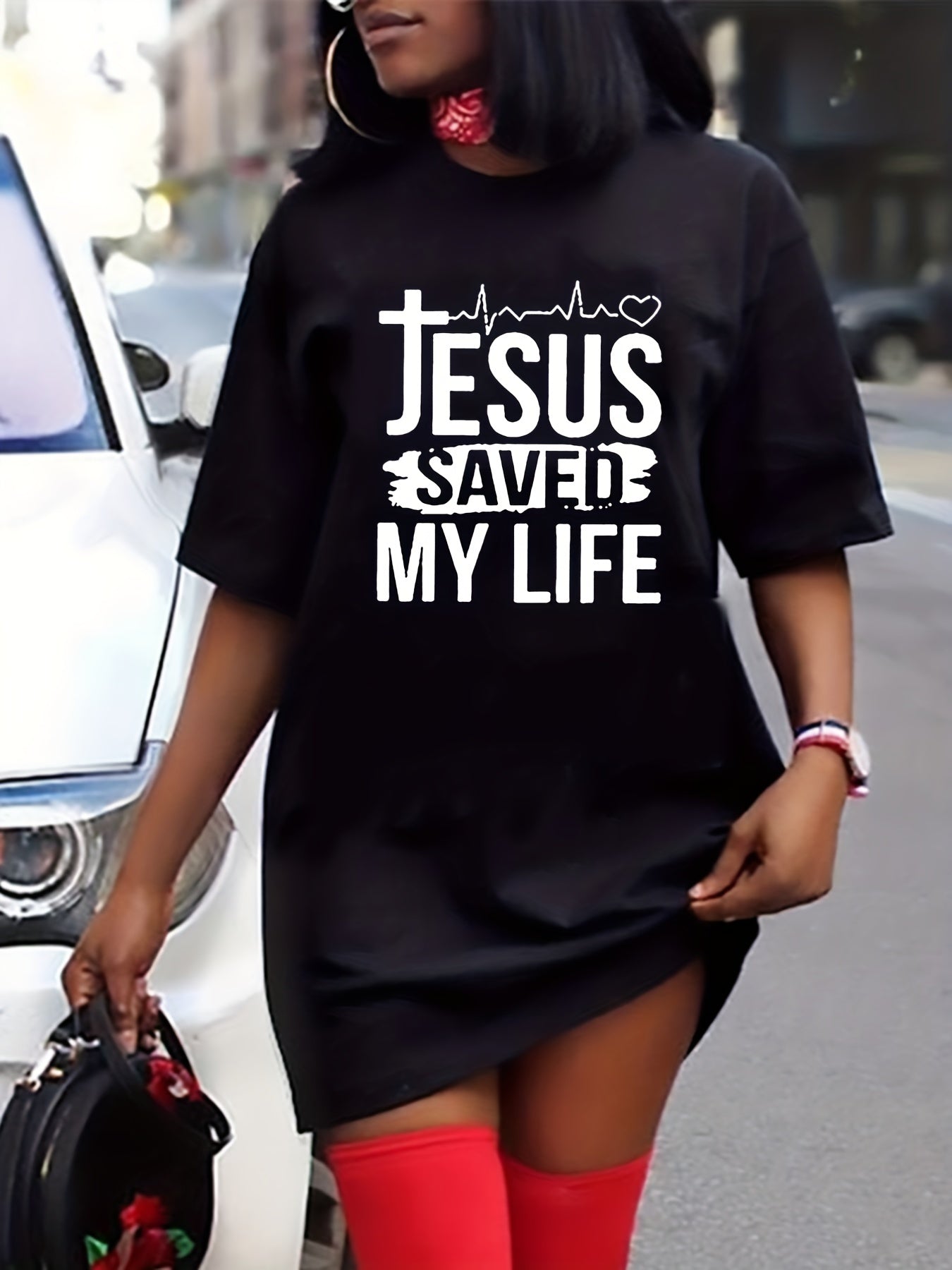  Women's Slogan Print Short Sleeve Dress
