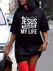  Women's Slogan Print Short Sleeve Dress
