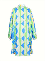  Casual Dress Women's Plus Allover Print Lantern Sleeve Button Up