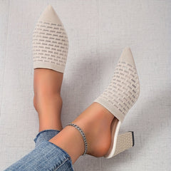 Women's Knit Heeled Mule Sandals Pointed Toe Chunky High Heels Slingback