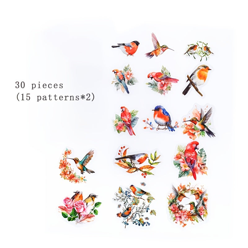 30pcs Flying Bird & Flower PET Ink Sticker Pack for Journal Decoration