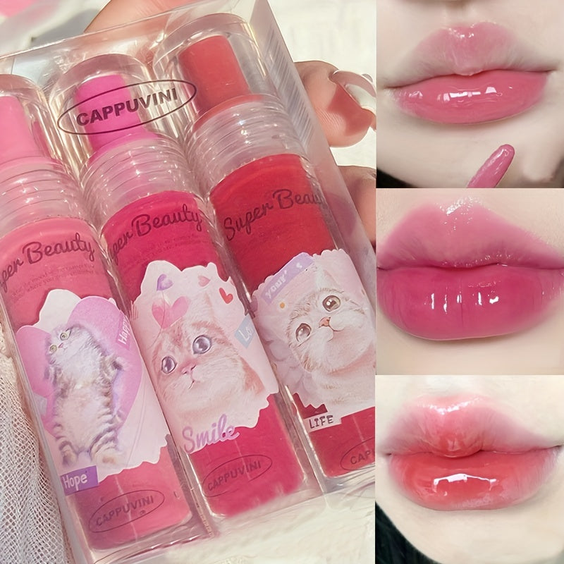 Cat Print 6 Jelly Lip Gloss Long Lasting Dew Sparkle Transparent Film