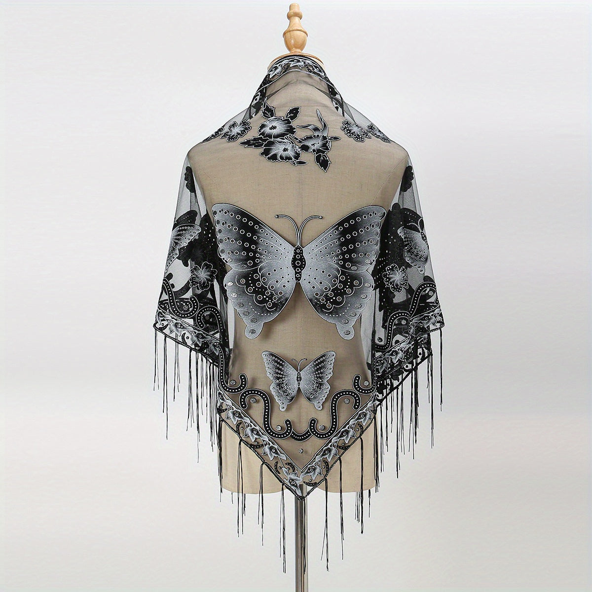 Flower & Butterfly Lace Triangle Scarf Embroidered Shawl