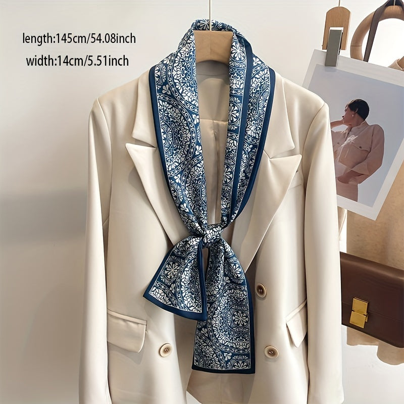 Flower Print Long Scarf Satin Ribbon Neckerchief Classic Twilly Scarf