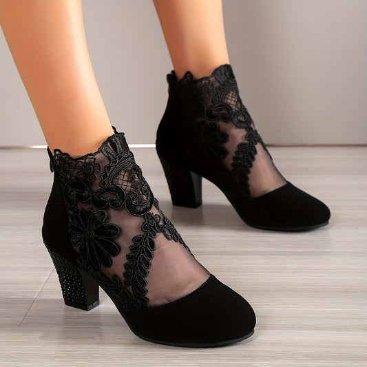 Women's Mesh Block Heel Boots Embroidered Back Zip Ankle Boots