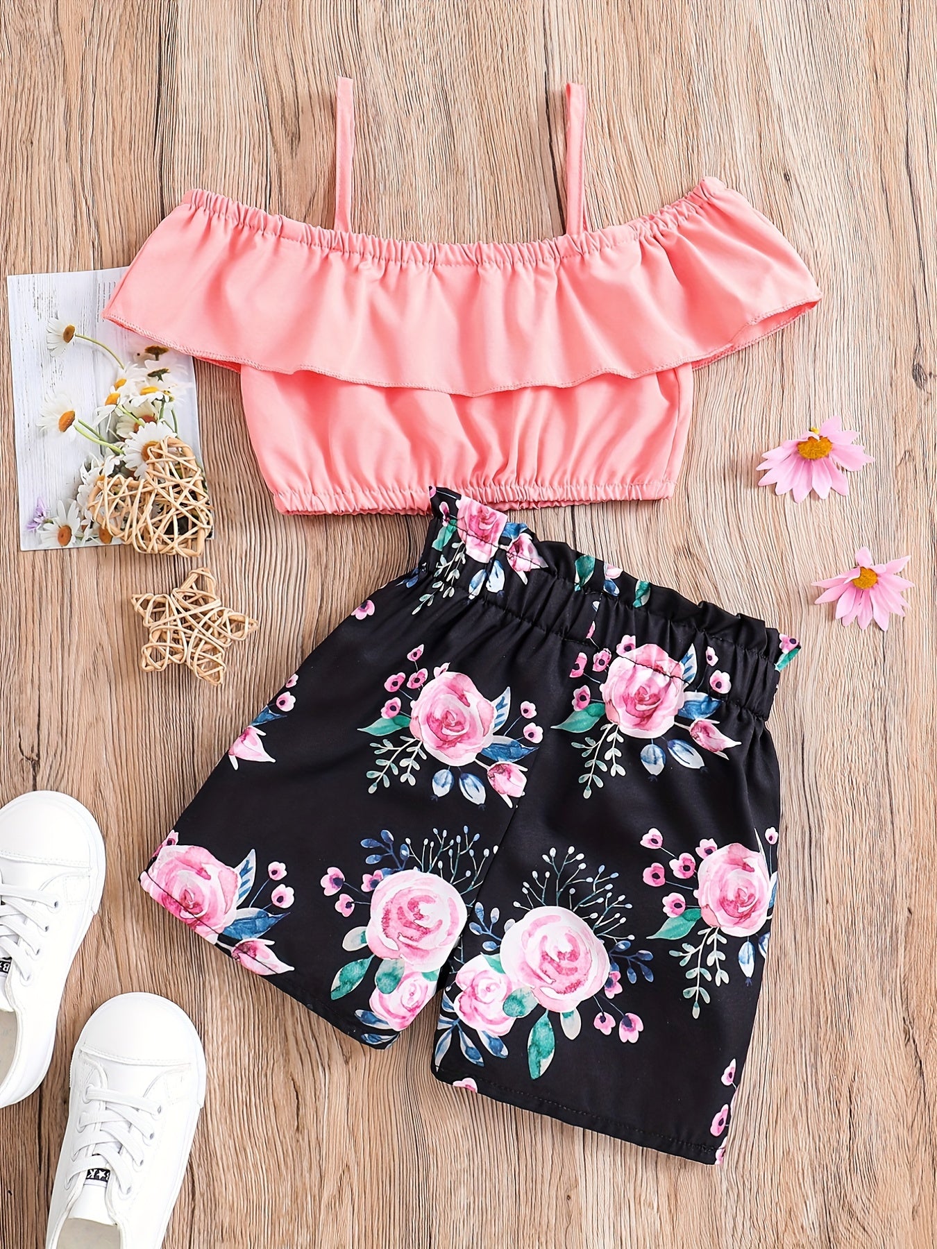Toddler Girls Cold Shoulder Crop Top & Floral Shorts Set