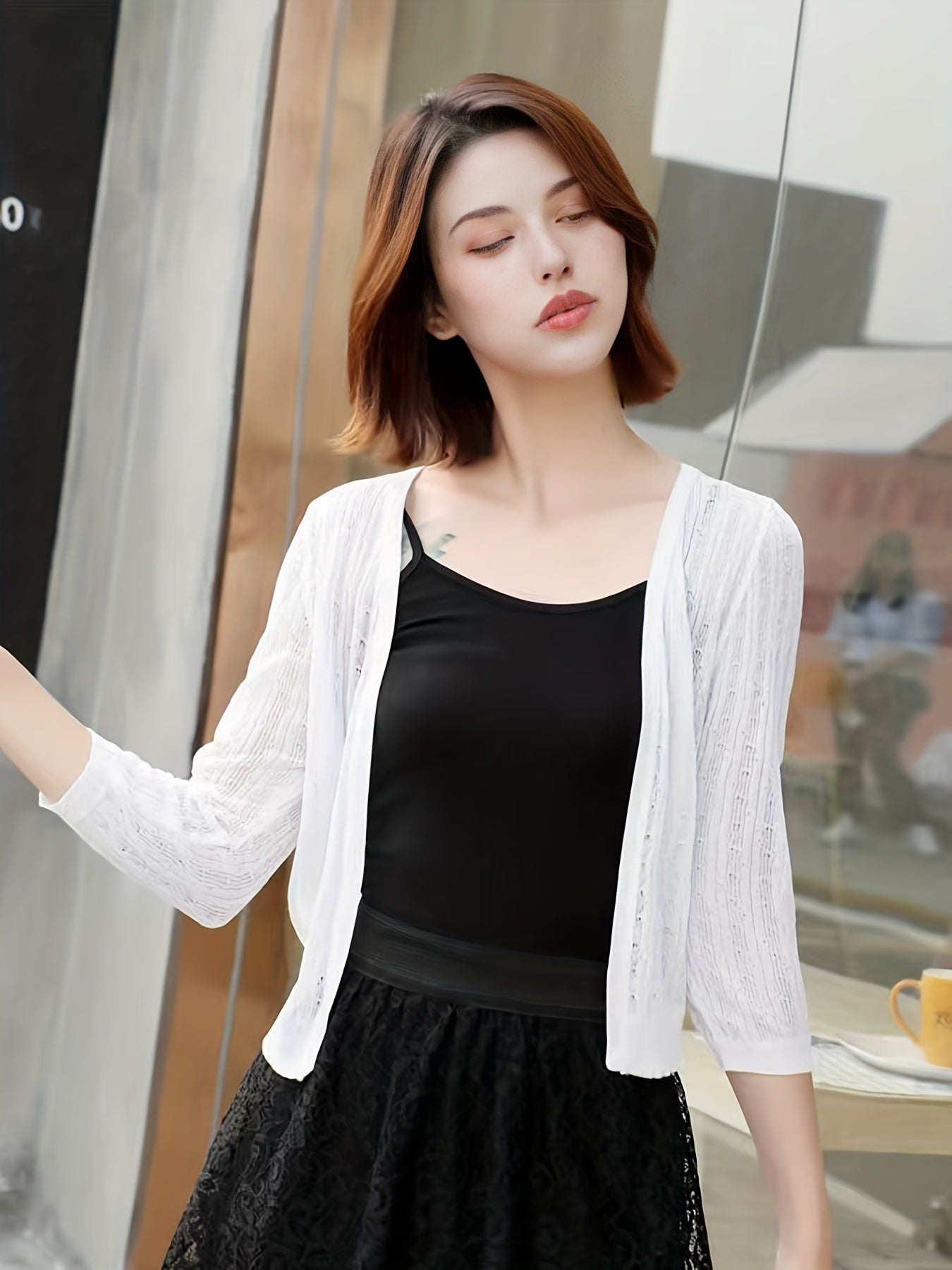 Solid Knit Cardigan 3/4 Sleeve Sweater