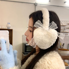 Japanese Style Fluffy Ear Muffs with Lace Bow Heart Shaped Earmuffs