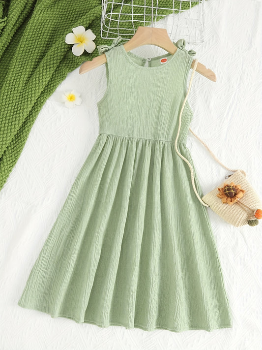 Girl's Summer Sundress Sleeveless Wrinkles Texture Midi Dress