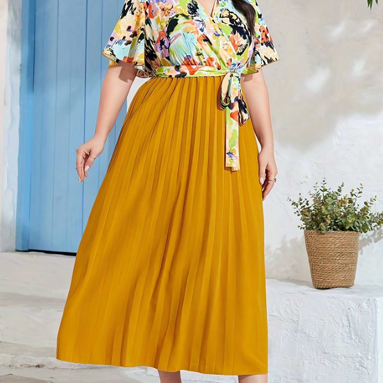  Print Butterfly Sleeve Maxi Dress With Belt