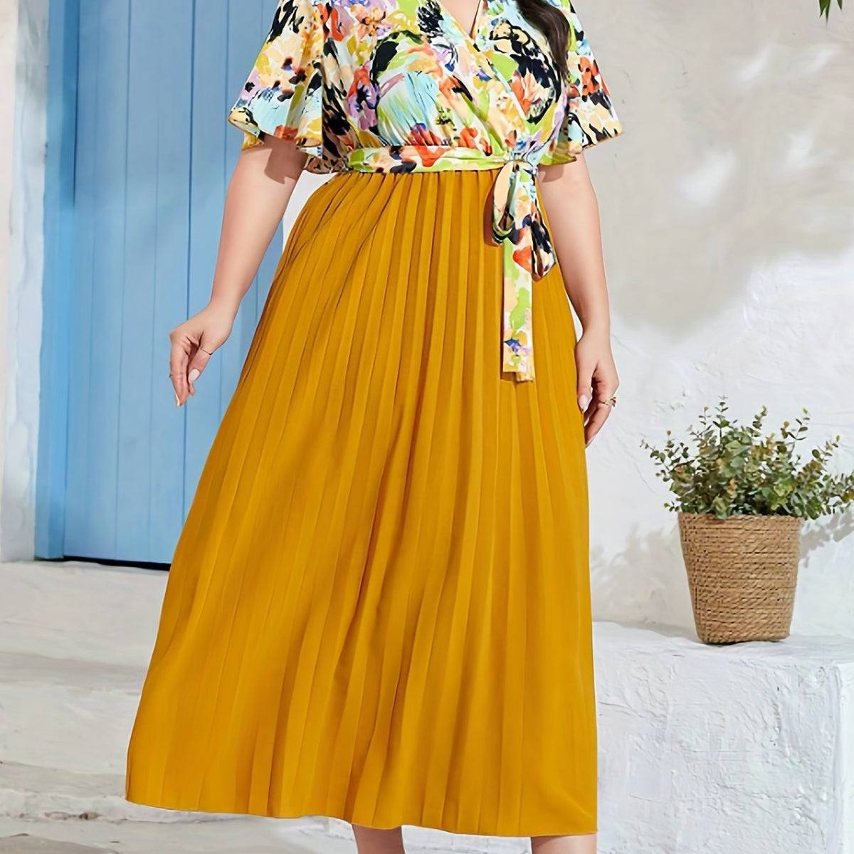  Print Butterfly Sleeve Maxi Dress With Belt