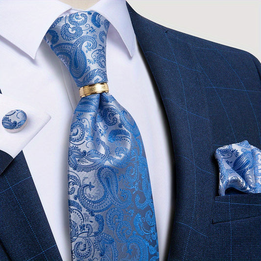 Men's Paisley Silk Wedding Tie Set with Hanky and Cufflinks
