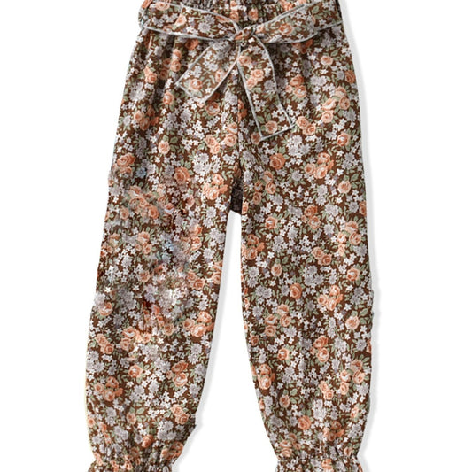 Girls Floral Trousers Elastic Waist Belted Frill Trim Pants