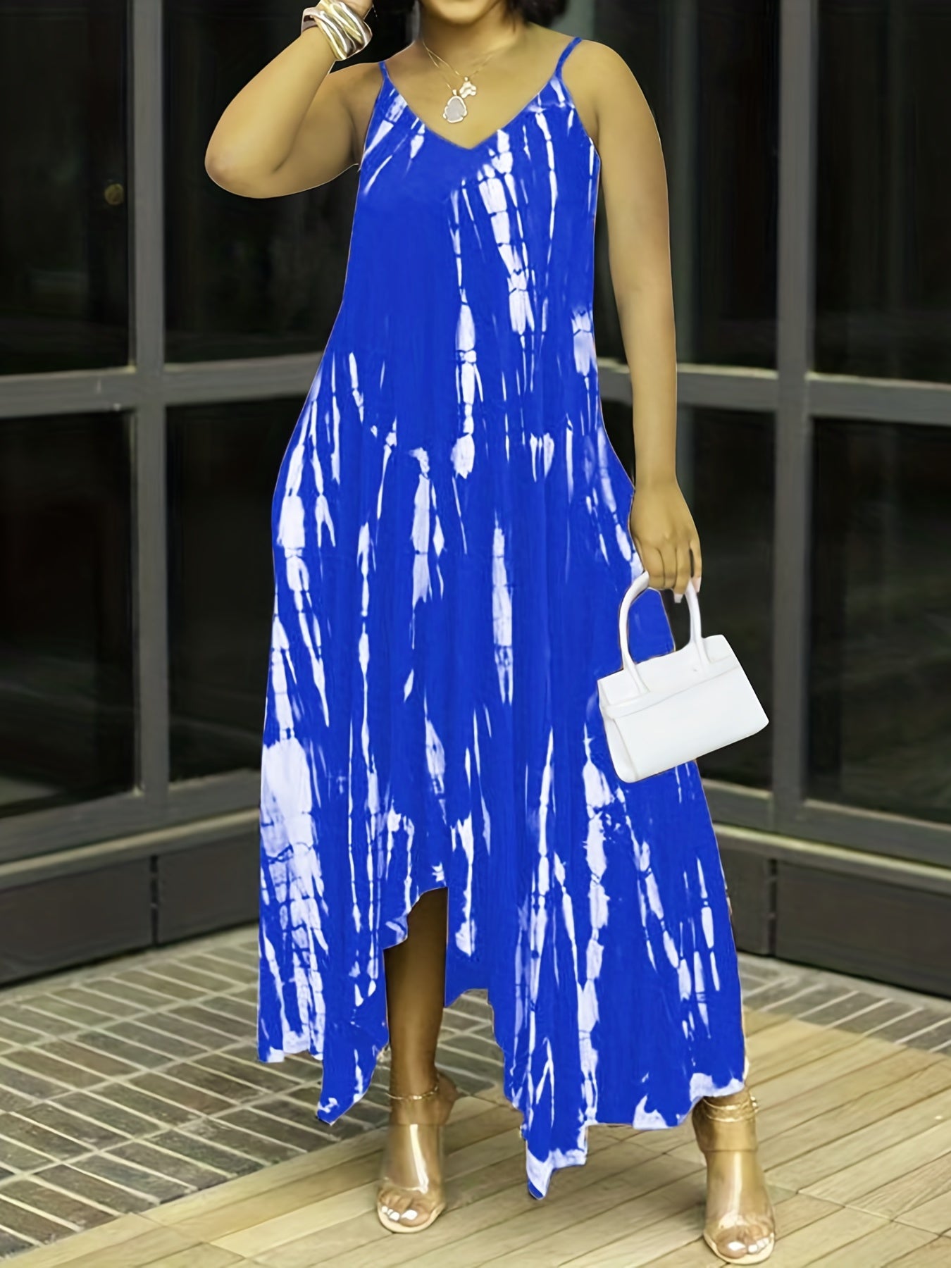 Women's Plus Tie Dye V-Neck Cami Dress with Pockets