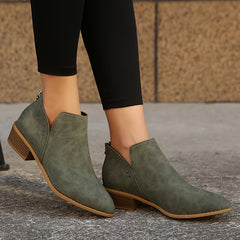 Women's Low Heel Ankle Boots, Back Zipper, Pointed Toe, Faux Leather