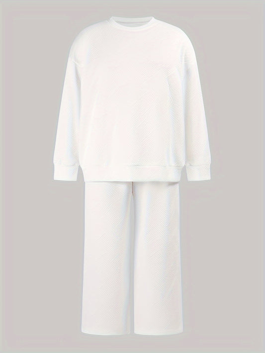  Solid Long Sleeve Round Neck Pullover Top & Pants Two Piece Set