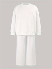  Solid Long Sleeve Round Neck Pullover Top & Pants Two Piece Set