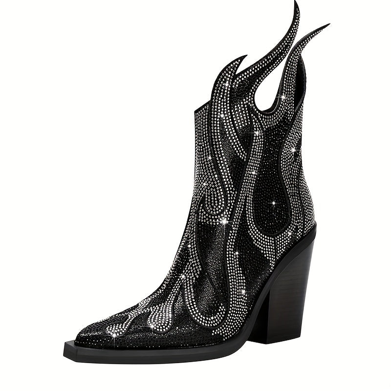 Women's Rhinestone Flame Ankle Boots Chunky Heel Glitter Shoes