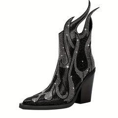 Women's Rhinestone Flame Ankle Boots Chunky Heel Glitter Shoes