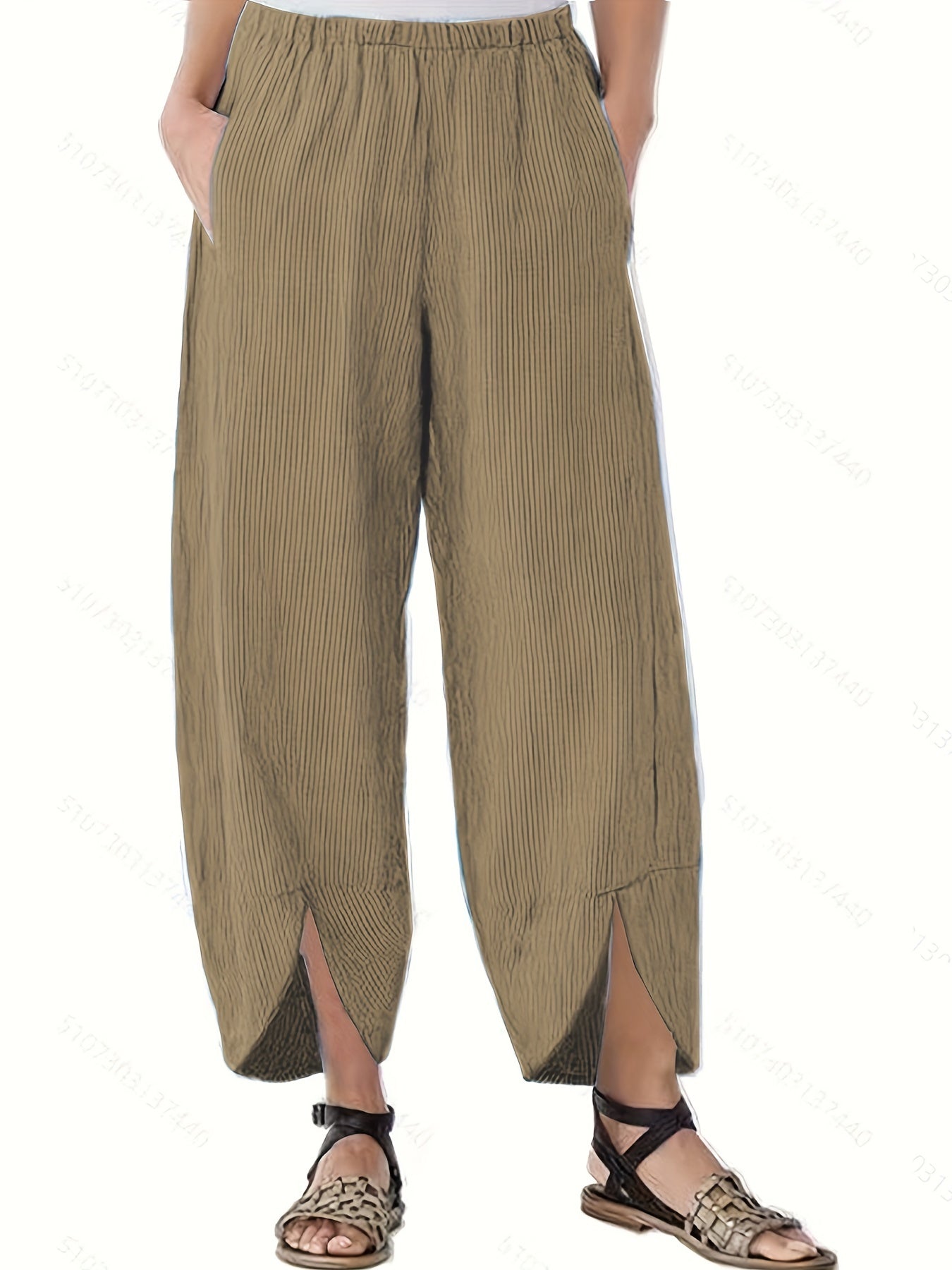  Ribbed Wide Leg Split Pants With Pockets