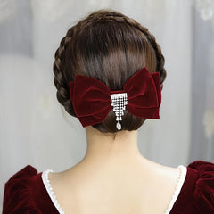 Vintage Velvet Bow Knot Hair Clip Rhinestone Tassel Barrette Clip