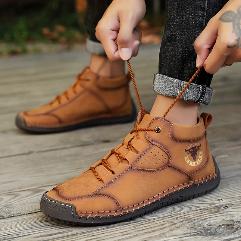 Men's Leather Stitch Ankle Boots Lace Up Outdoor Wear Resistant Non Slip
