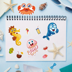 Ocean Adventure Stickers - Marine Life Cartoons with Red Pattern
