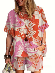 Women's Plus Butterfly Print Top & Shorts Outfit Set