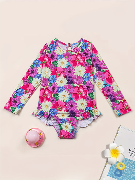 Girls One Piece Swimsuit Flamingo Tropical Flowers Long Sleeve