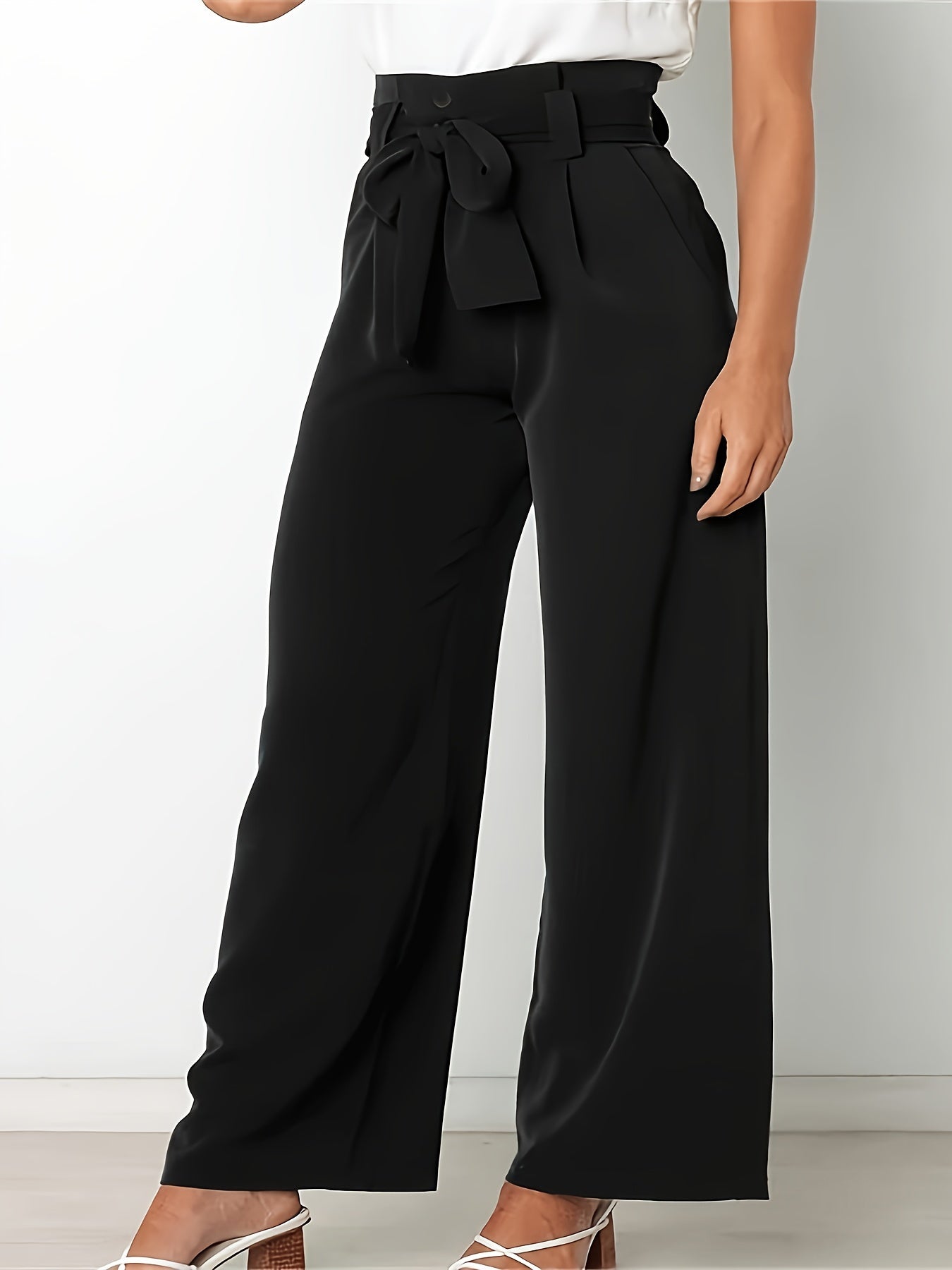 Solid High Rise Wide Leg Trousers With Belt