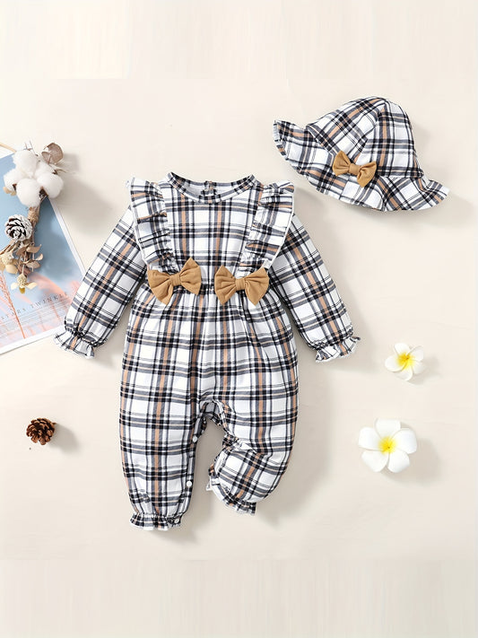 Plaid Bow Outfit Baby Girls 2pc Bodysuit & Hat Set