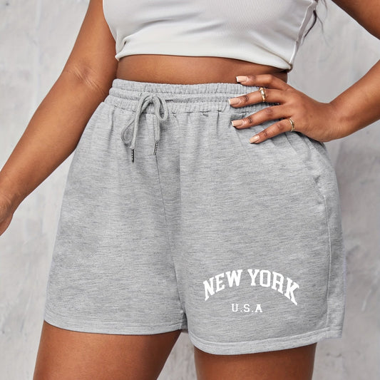  Art Letter Print Elastic Drawstring Casual Shorts