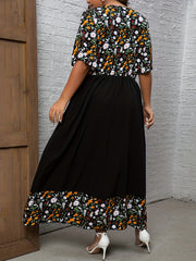  Colorblock Ditsy Print V Neck Maxi Dress