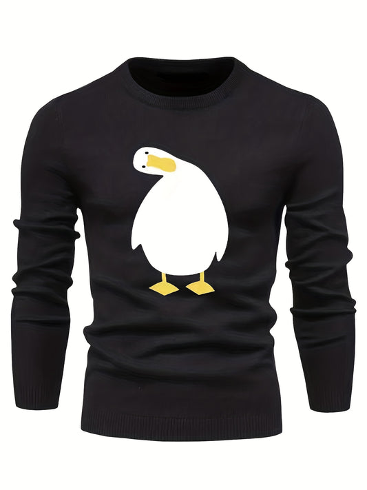 Cartoon Duck Print Men's Casual Warm Crew Neck Pullover Sweater