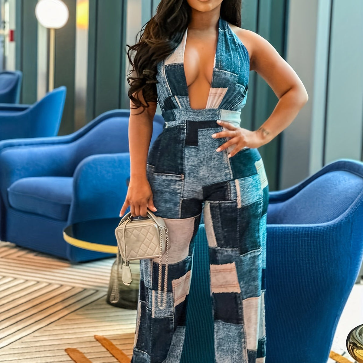  Colorblock Denim Wide Leg Jumpsuit