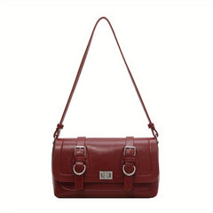 Retro Style Vegan Leather Shoulder Bag Buckle Decor Flap Baguette Bag