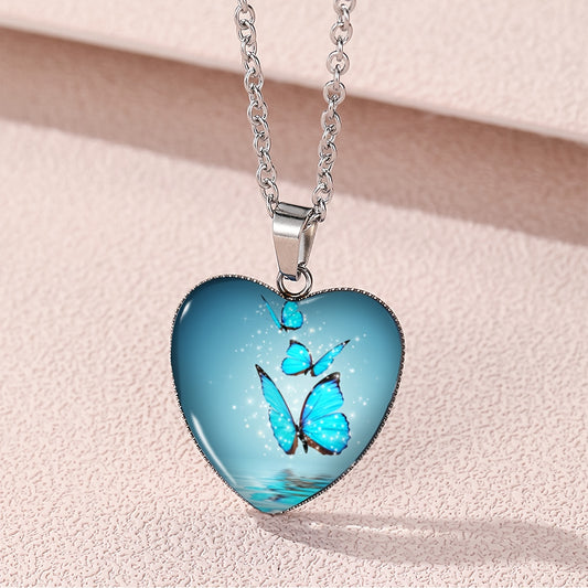 Butterfly Pattern Drop Necklace With Heart Shape Glass Pendant Neck Chain