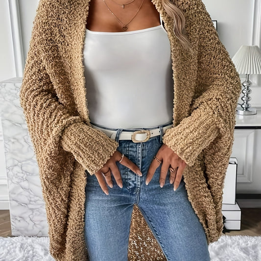  Solid Pom pom Batwing Sleeve Open Front Cardigan