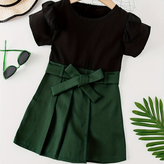 Girls' Short Sleeve Block Belted Dress For Party